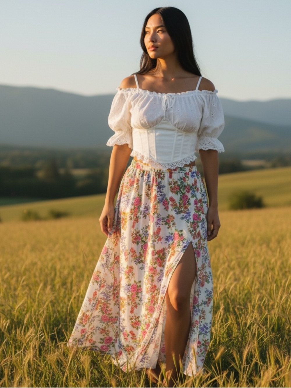 La Hearts White Floral Maxi Skirt with Side Slit